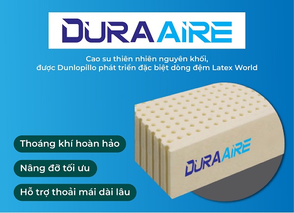 Đệm cao su Dunlopillo Latex World Neo Fresh với lõi đệm cao su nguyên khối Dura Air